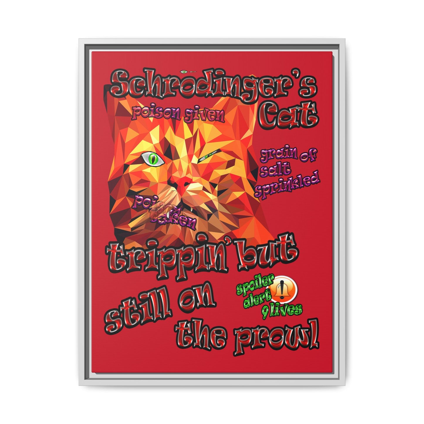 schrodinger's cat - framed canvas art (dark red)