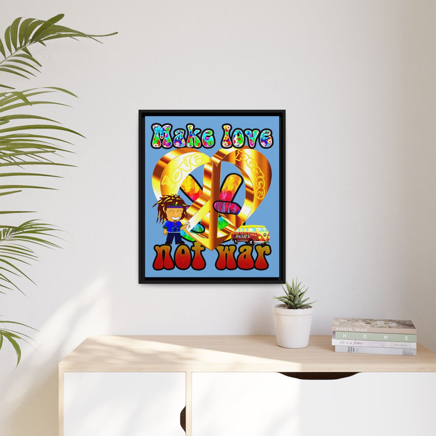 love peace - framed canvas art (light blue)