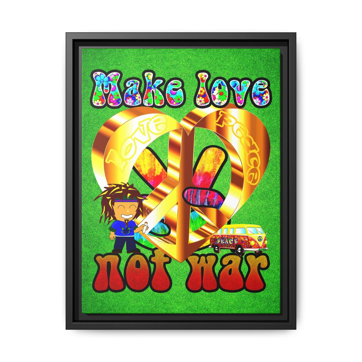 love peace - framed canvas art (green turf)