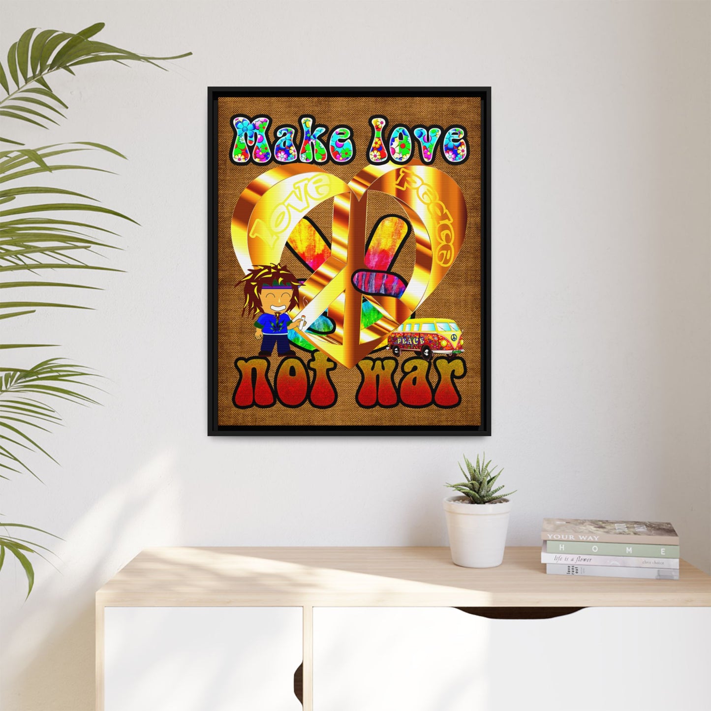 love peace - framed canvas art (brown papyrus)