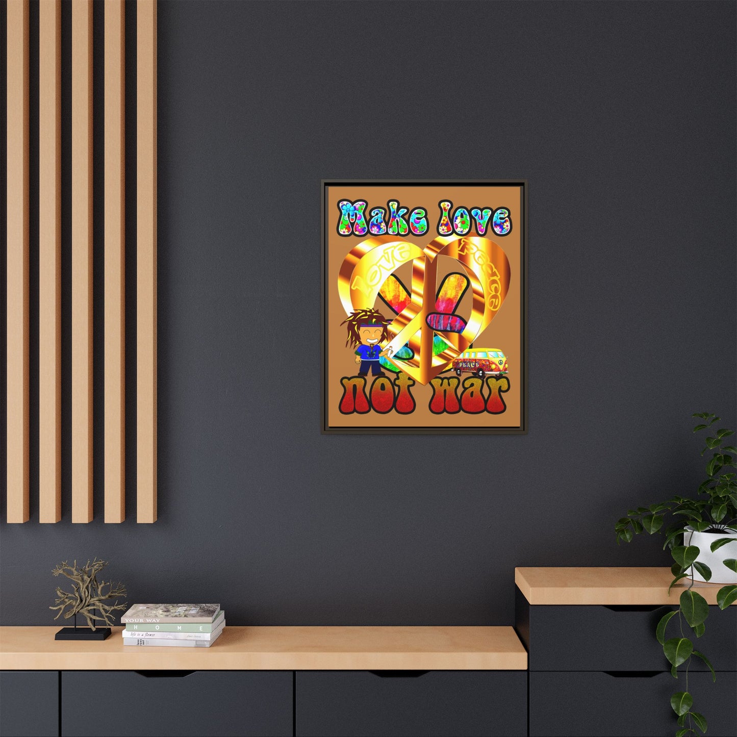 love peace - framed canvas art (light brown)