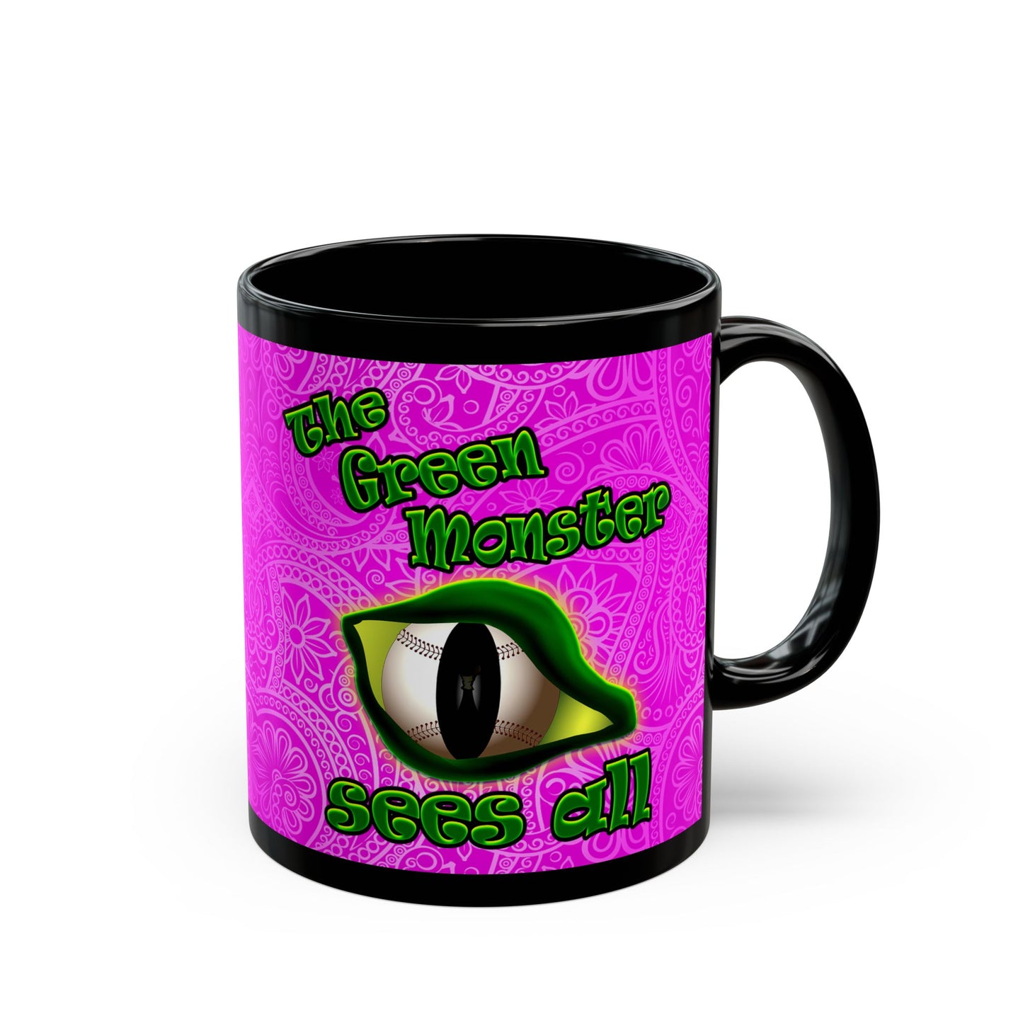green monster - Black Mug (pink swirl)