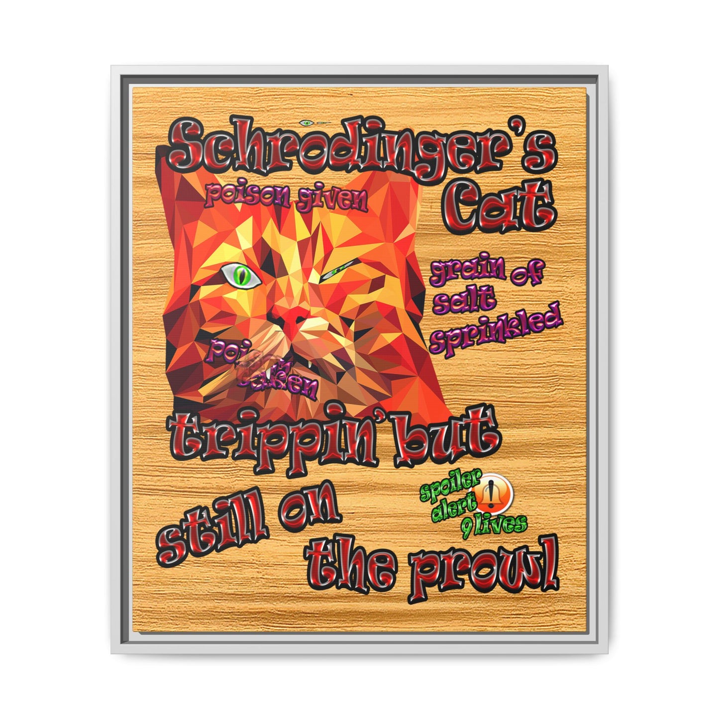 schrodinger's cat - framed canvas art (butterscotch wood finish)