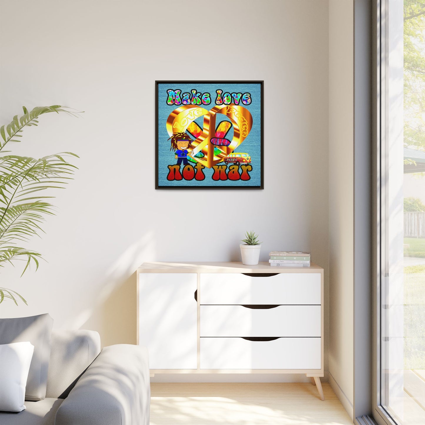 love peace - framed canvas art (faded blue)