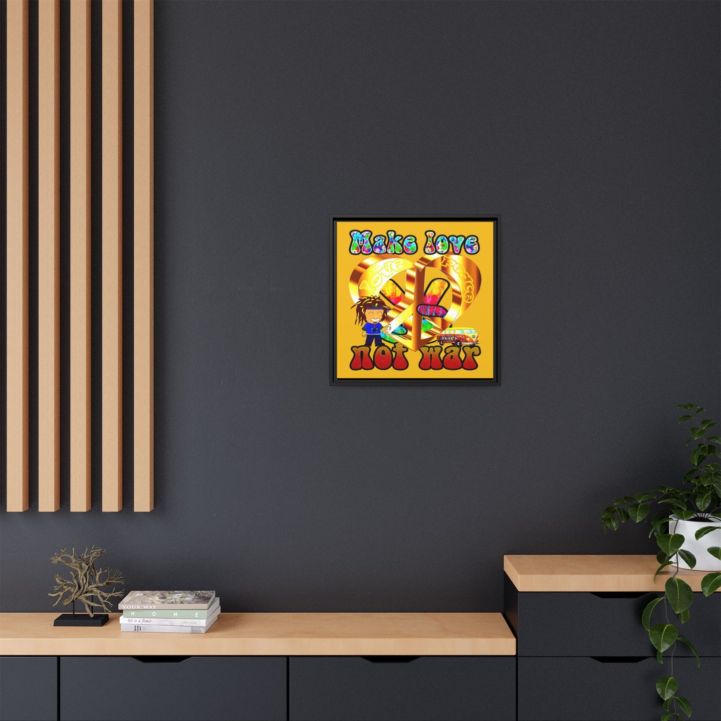 love peace - framed canvas art (yellow)