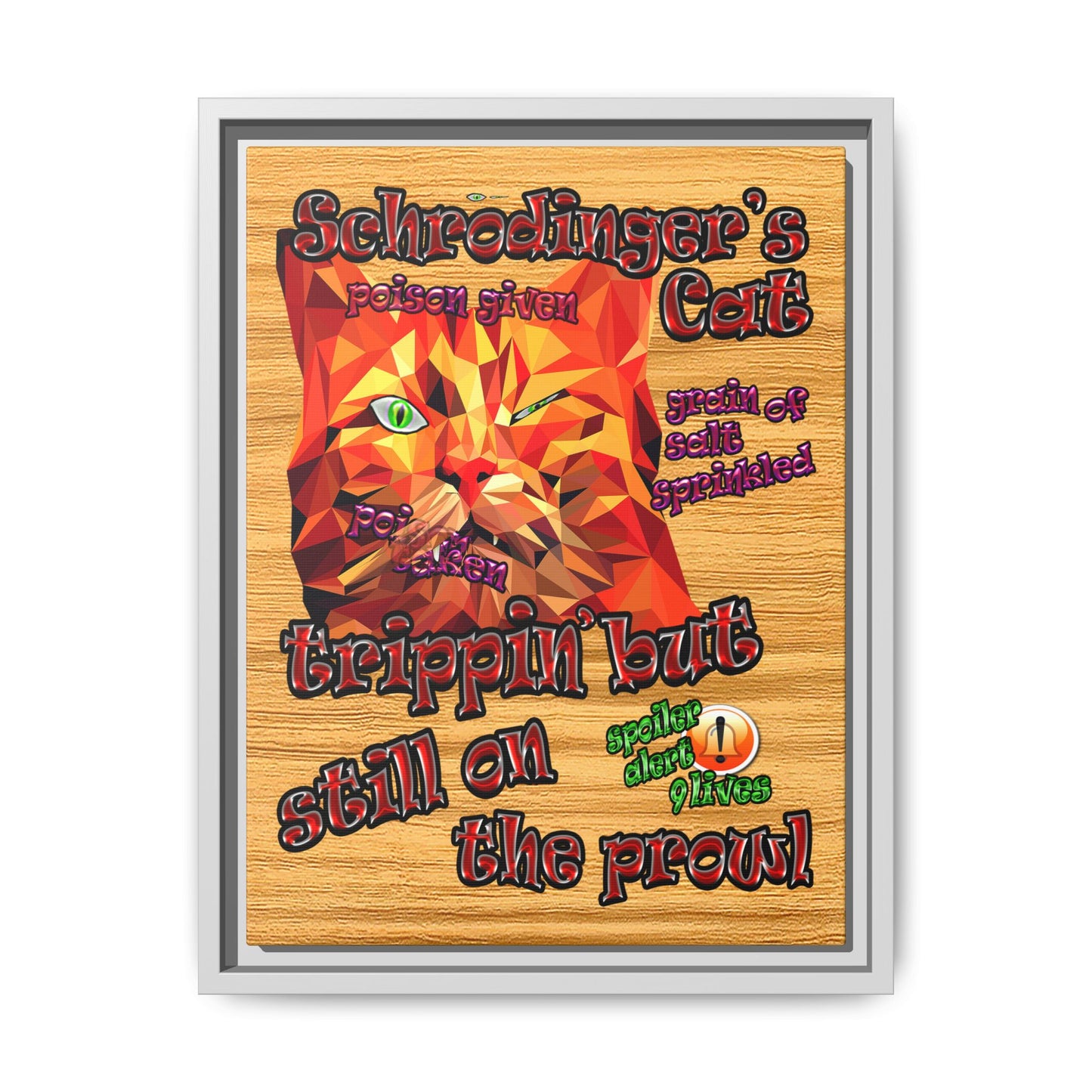 schrodinger's cat - framed canvas art (butterscotch wood finish)