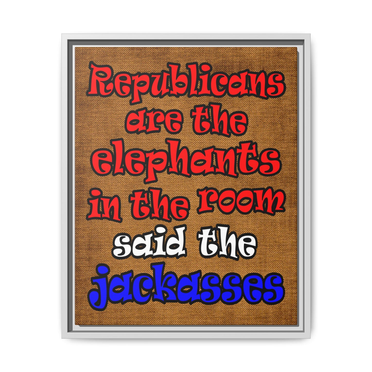 donkeys and elephants - framed canvas art (brown papyrus)