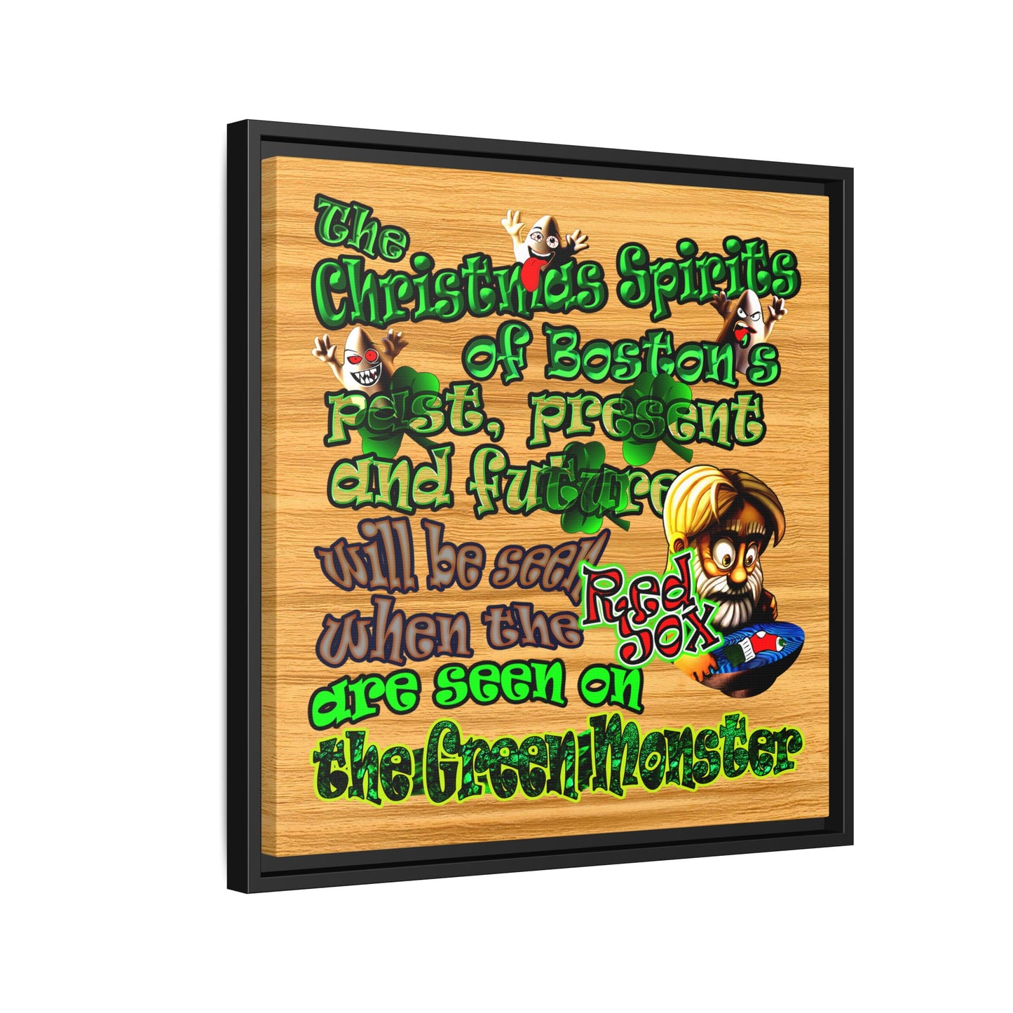 christmas spirits of boston - framed canvas art (butterscotch wood finish)