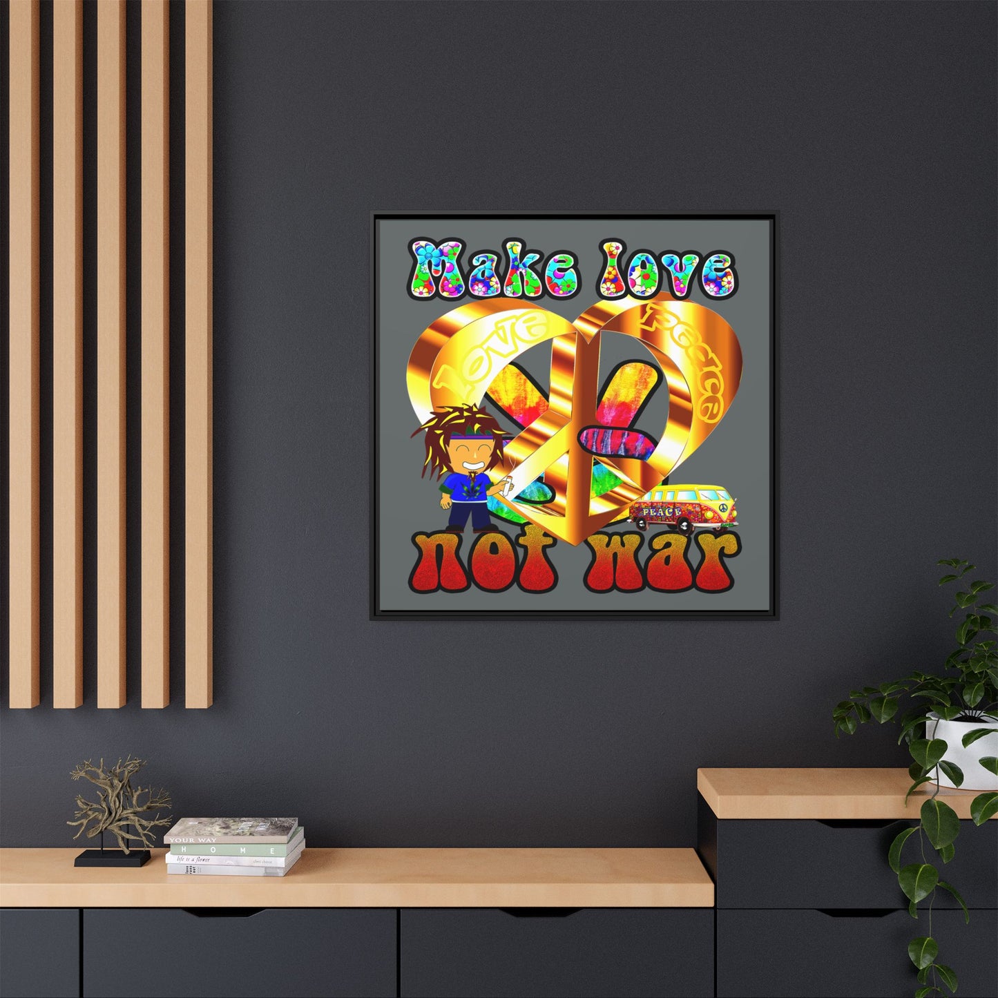 love peace - framed canvas art (dark grey)