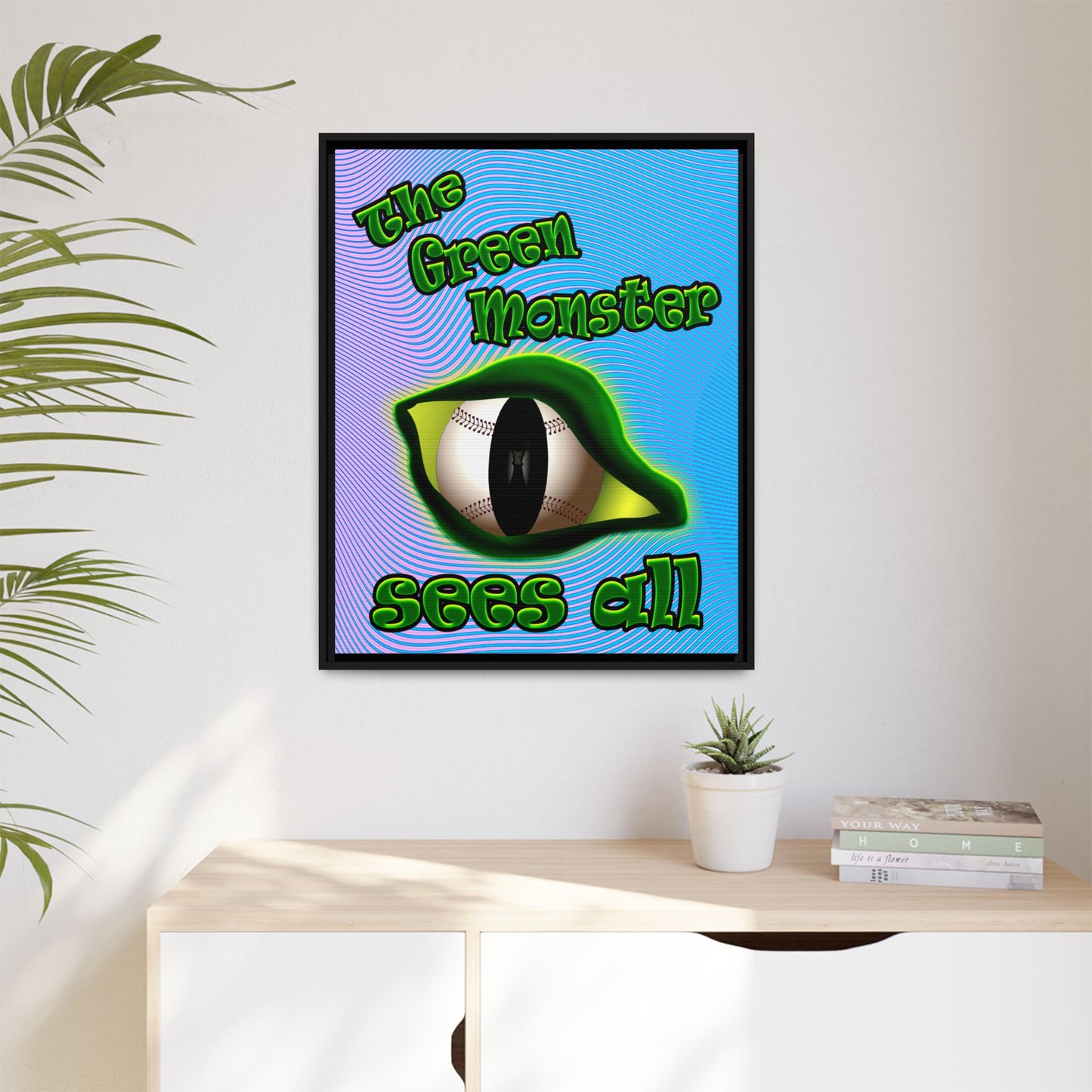 green monster - framed canvas art (light blue-purple wave)