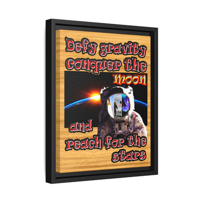 defy conquer reach - framed canvas art (butterscotch wood finish)