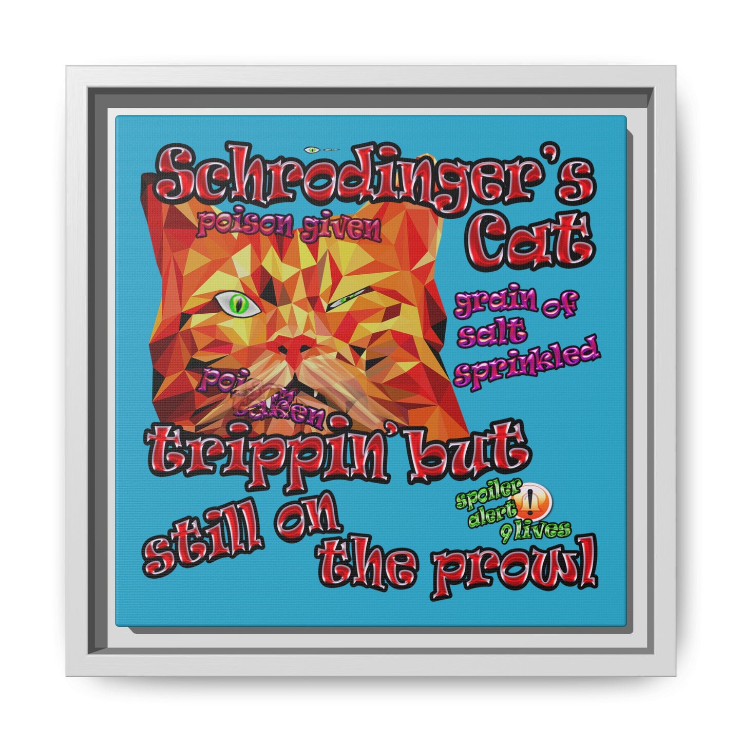 schrodinger's cat - framed canvas art (turquoise)