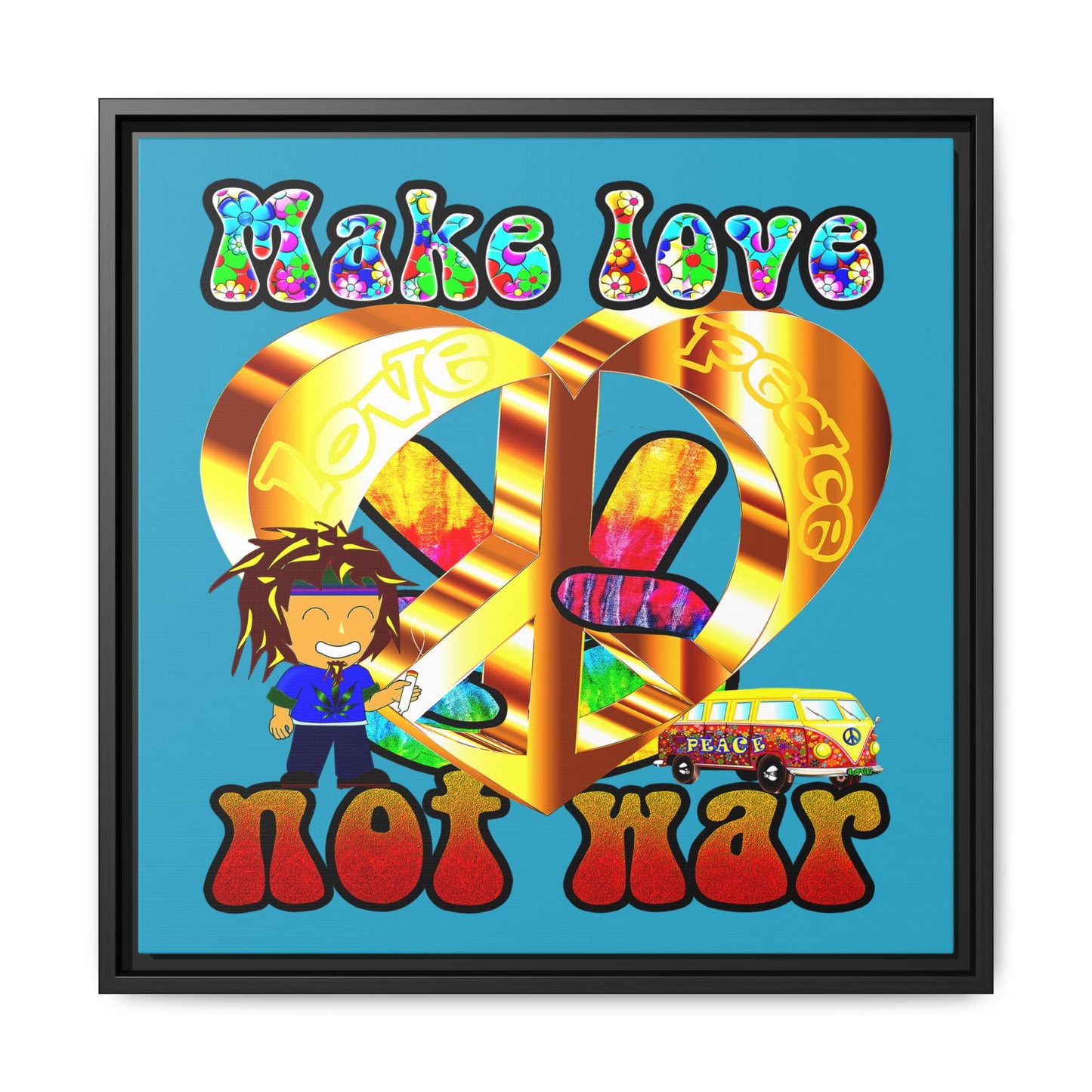 love peace - framed canvas art (turquoise)