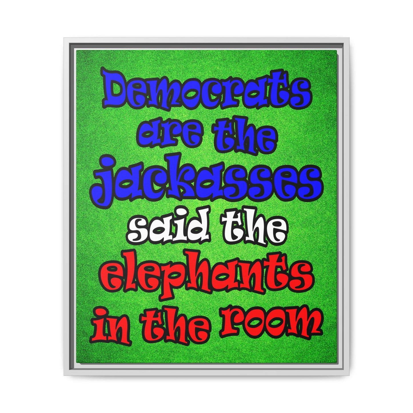 donkeys and elephants - framed canvas art (green turf)