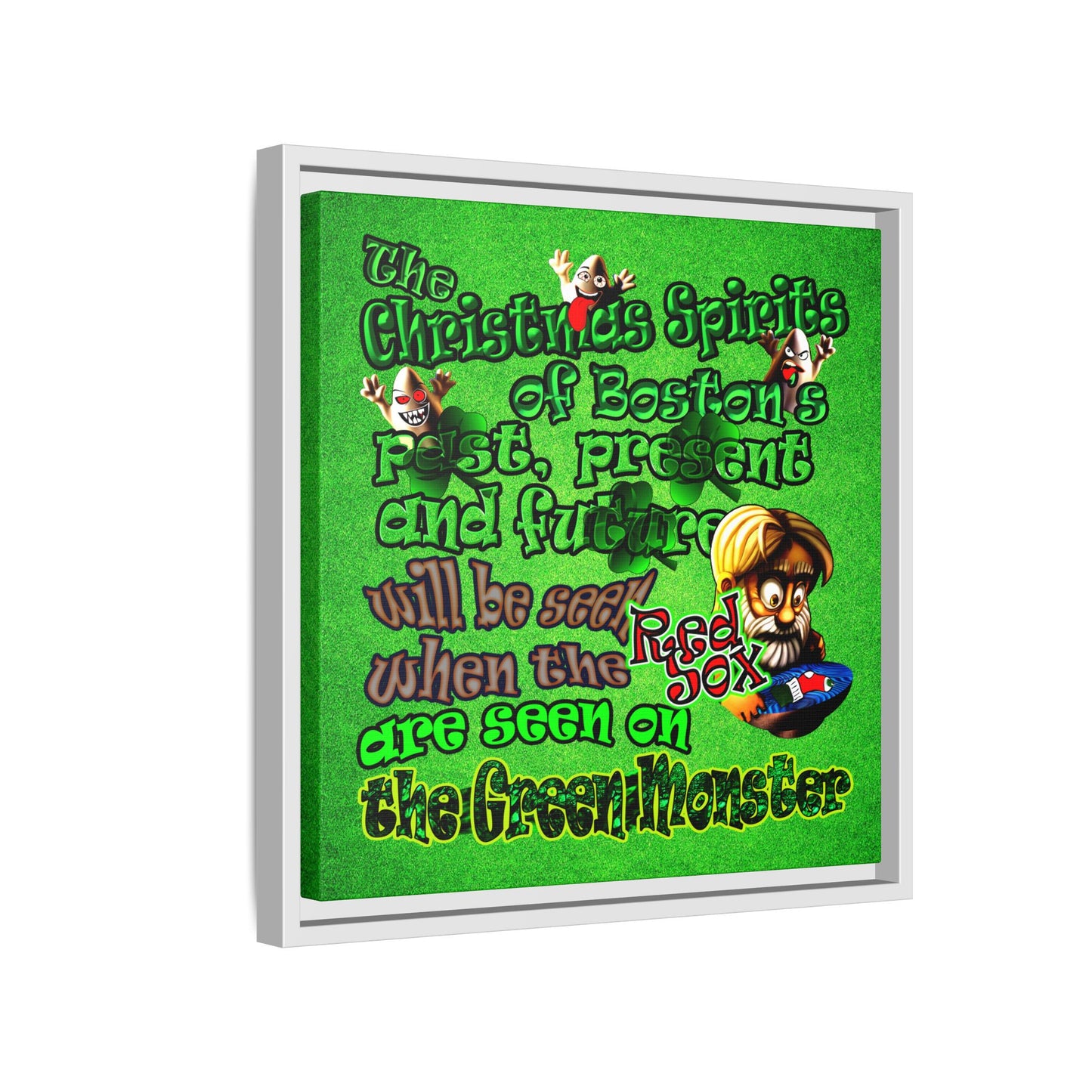 christmas spirits of boston - framed canvas art (green turf)