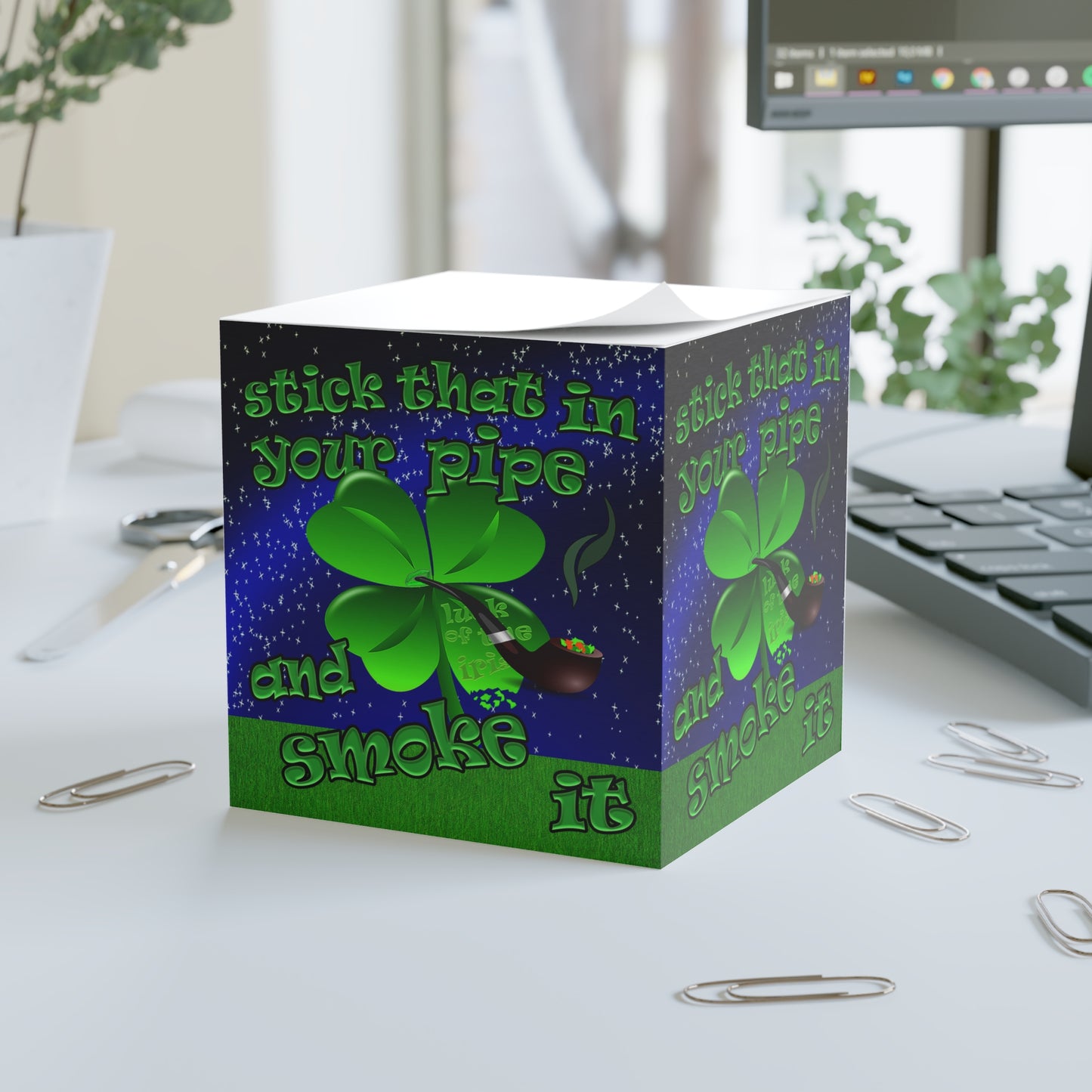stick that in your pipe and smoke it - note cube ('snoops' background)