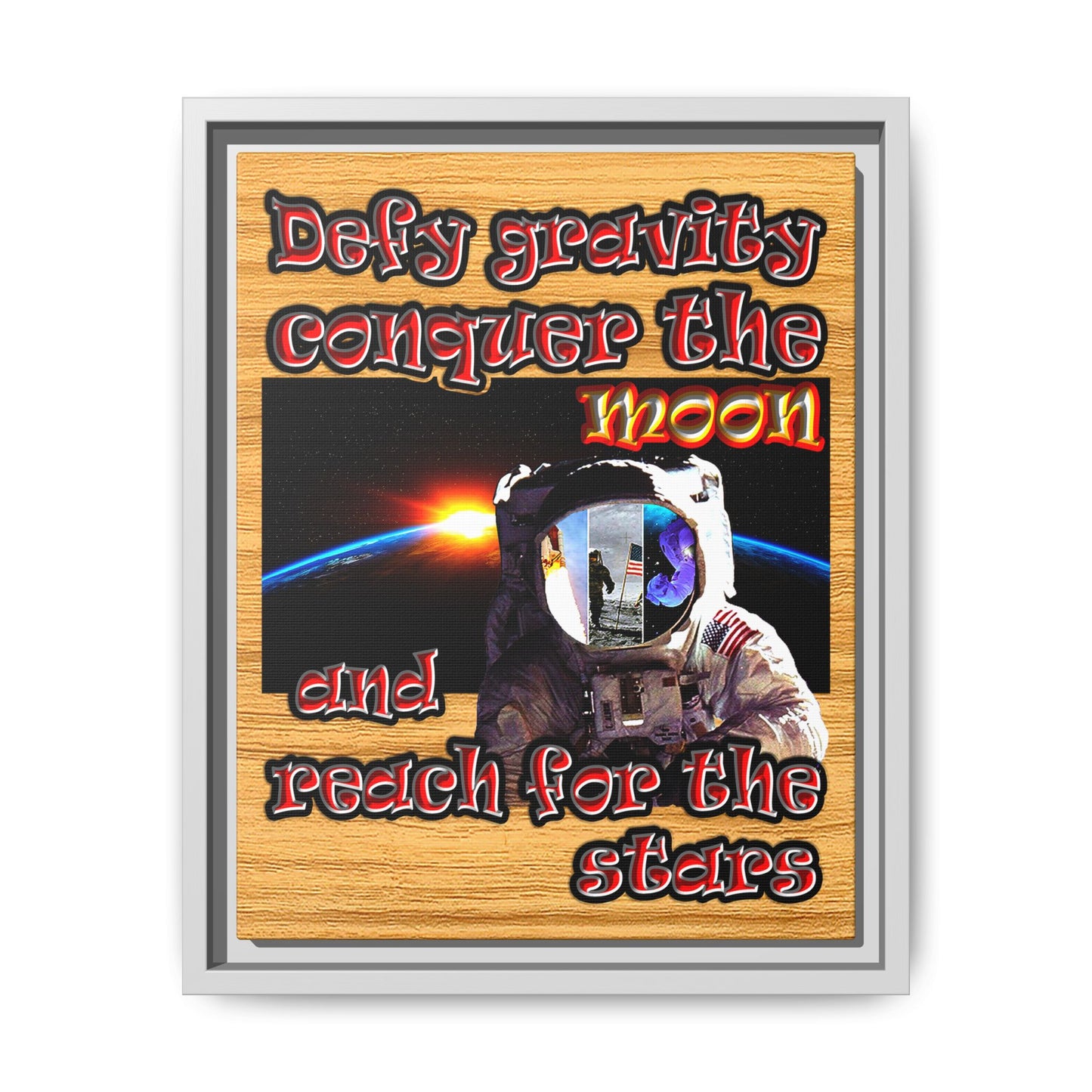 defy conquer reach - framed canvas art (butterscotch wood finish)