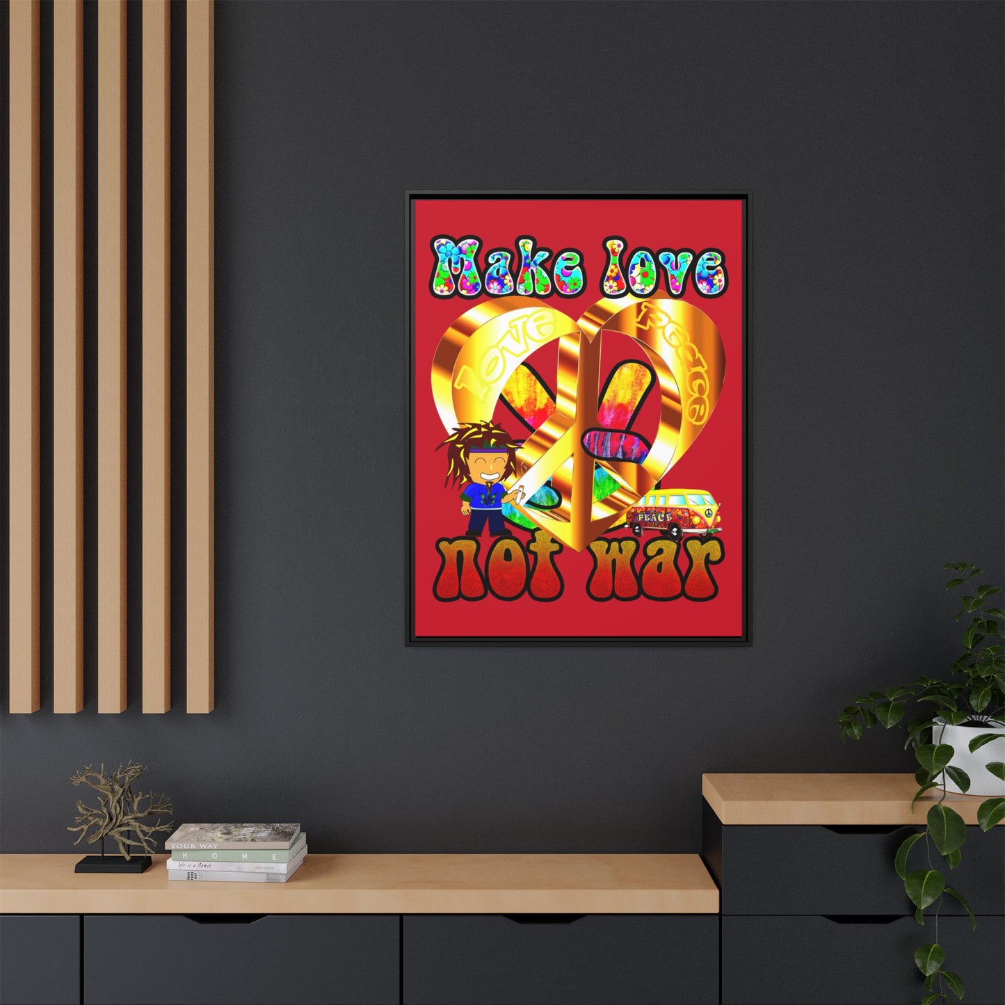love peace - framed canvas art (dark red)