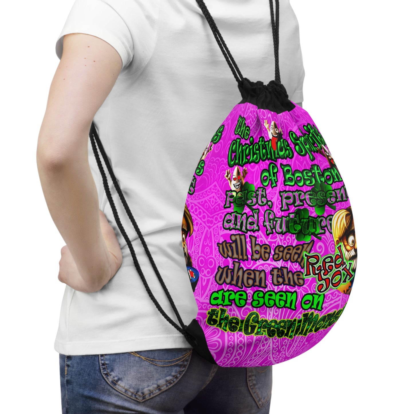 christmas spirits of boston - Drawstring Bag (pink swirl)