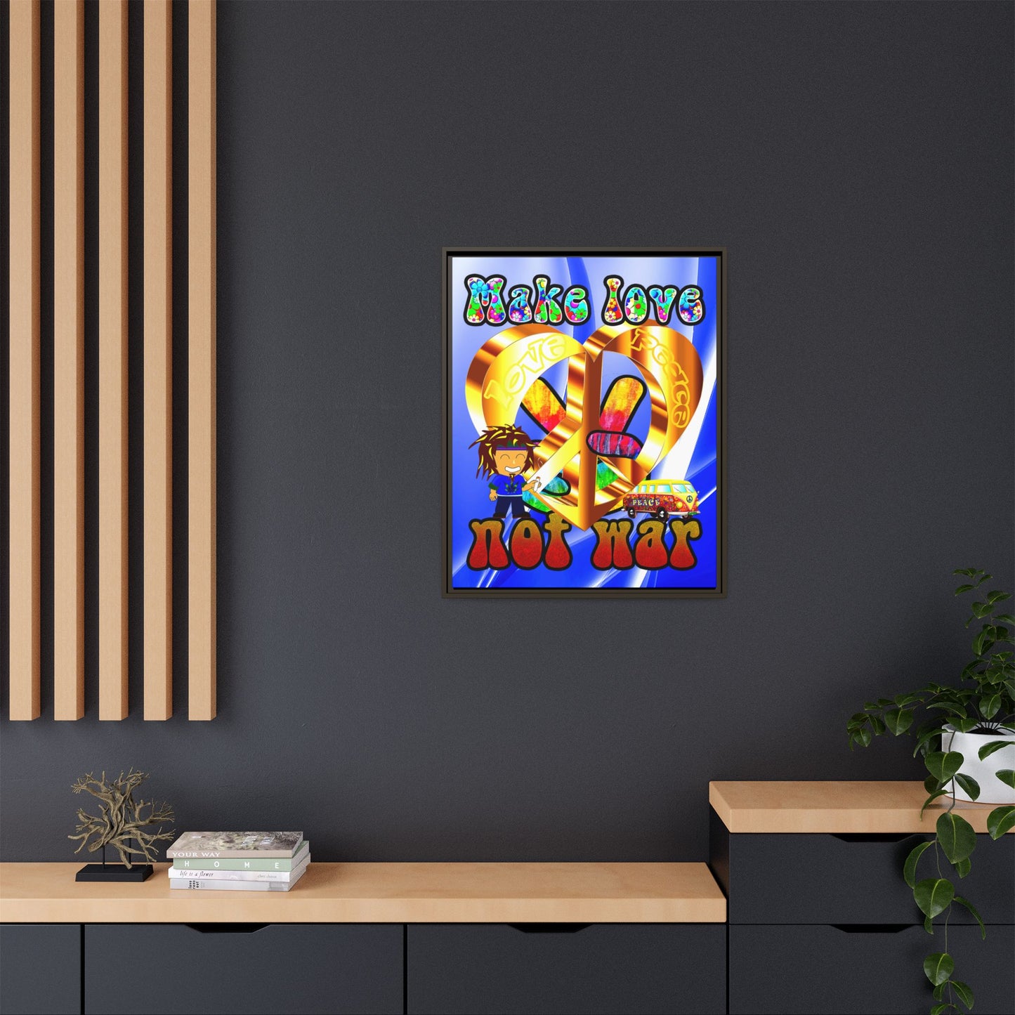 love peace - framed canvas art (blue-white wave)