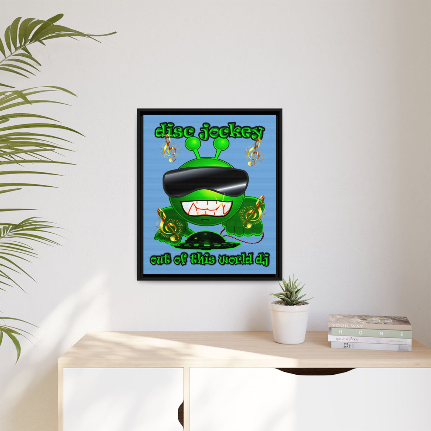 disc jockey - framed canvas art (light blue)