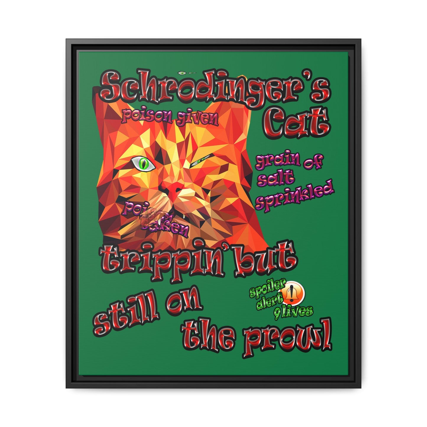 schrodinger's cat - framed canvas art (dark green)