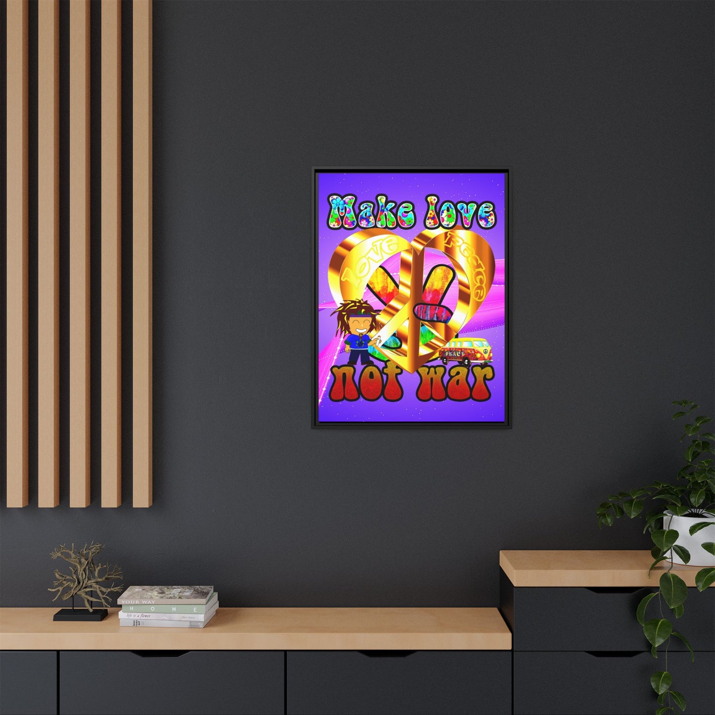 love peace - framed canvas art (purple-pink wave)