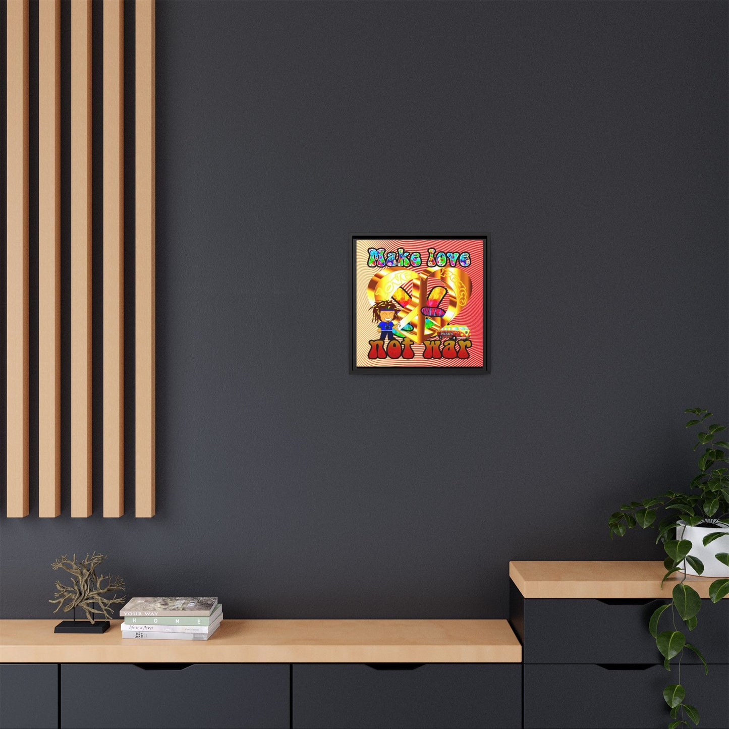 love peace - framed canvas art (yellow-orange wave)