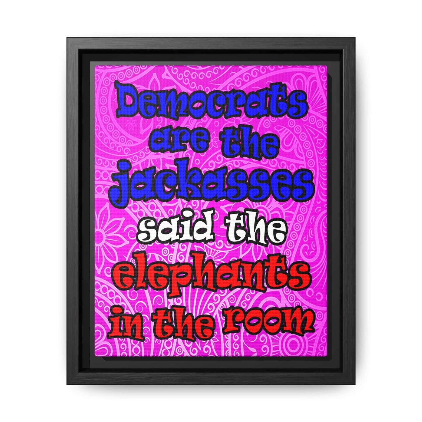 donkeys and elephants - framed canvas art (pink swirl)