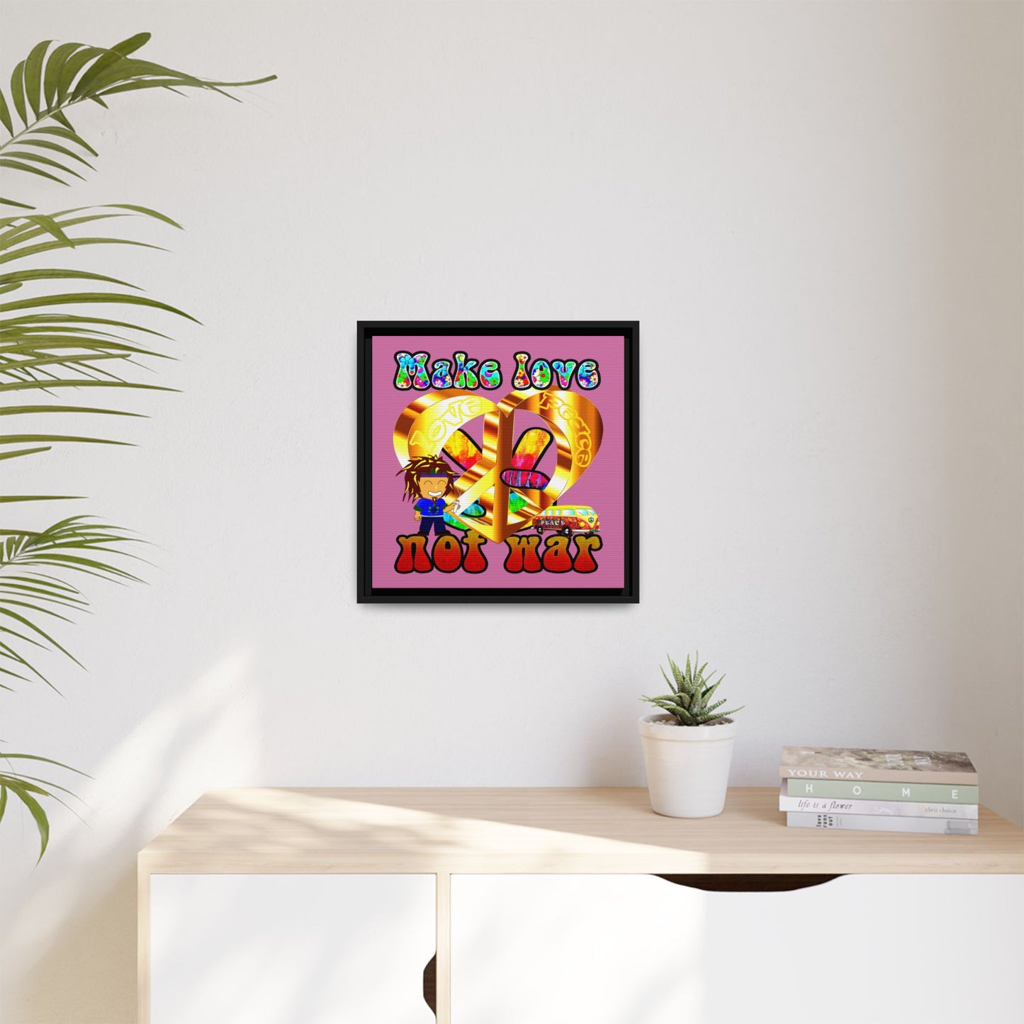 love peace - framed canvas art (light pink)