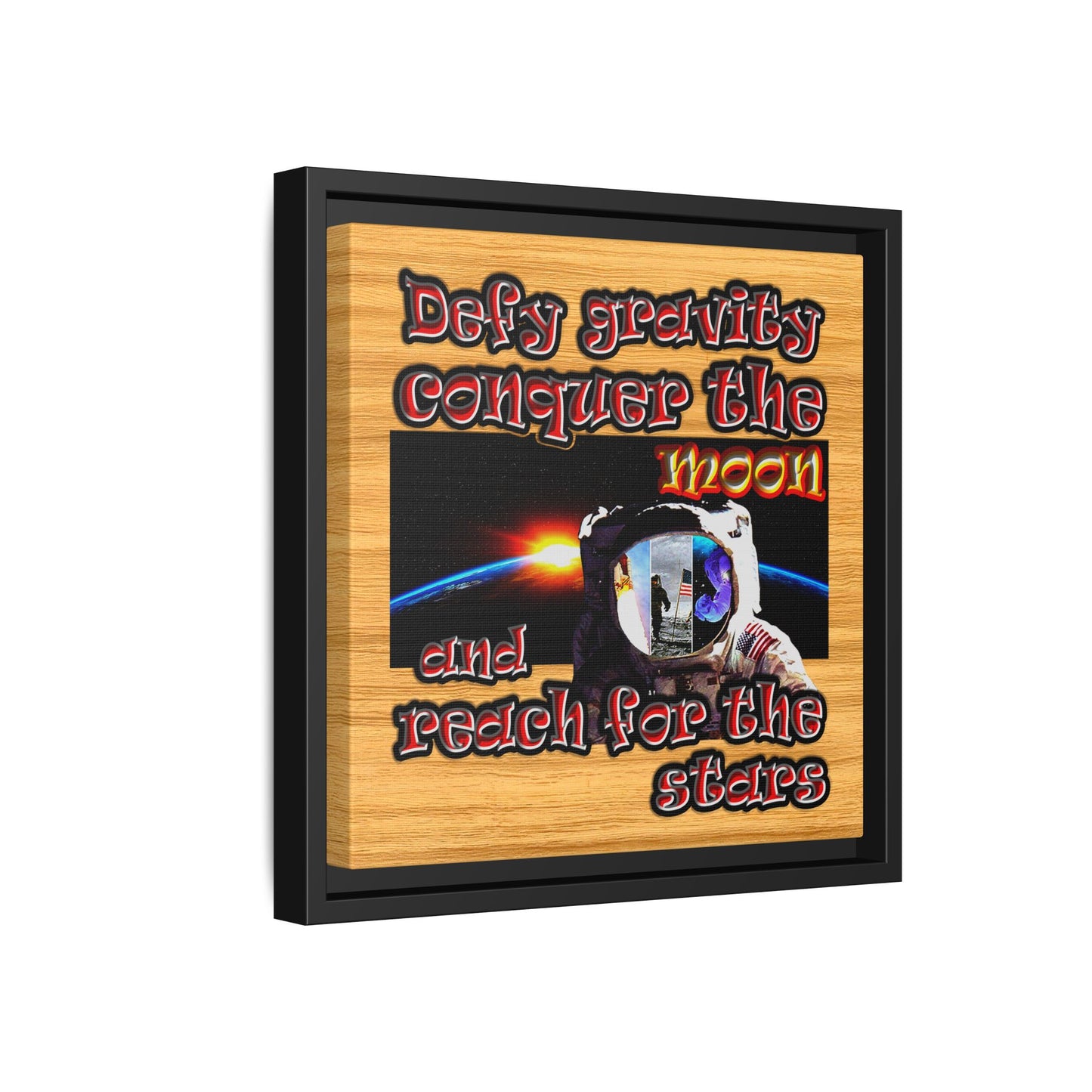 defy conquer reach - framed canvas art (butterscotch wood finish)