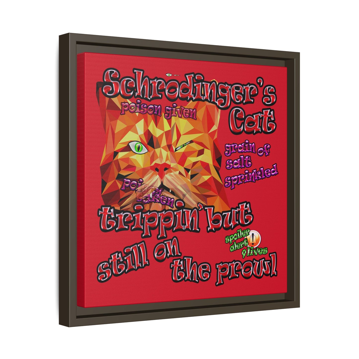 schrodinger's cat - framed canvas art (dark red)