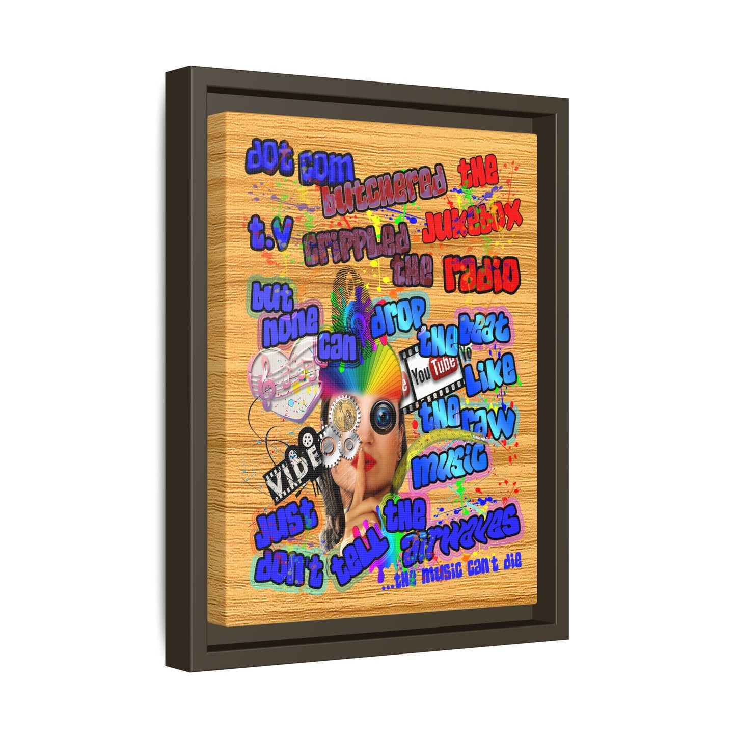 drop the beat - framed canvas art (butterscotch wood finish)