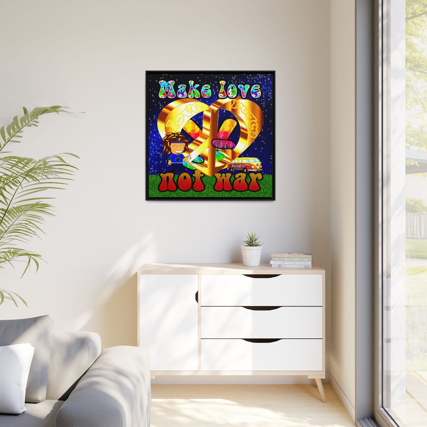 love peace - framed canvas art ('snoops' background)