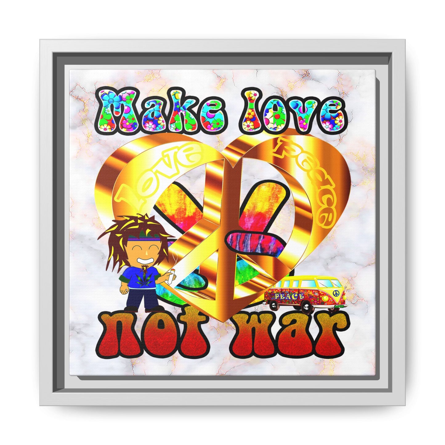 love peace - framed canvas art (white marble)