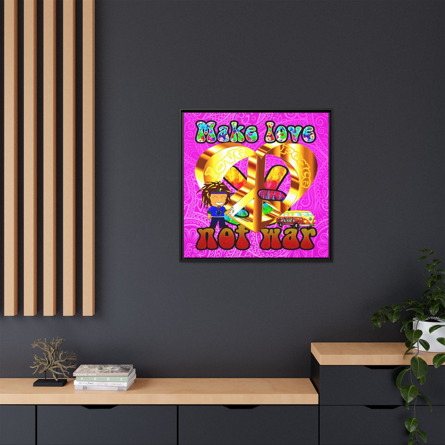 love peace - framed canvas art (pink swirl)