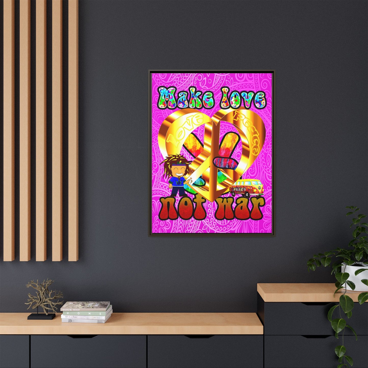 love peace - framed canvas art (pink swirl)