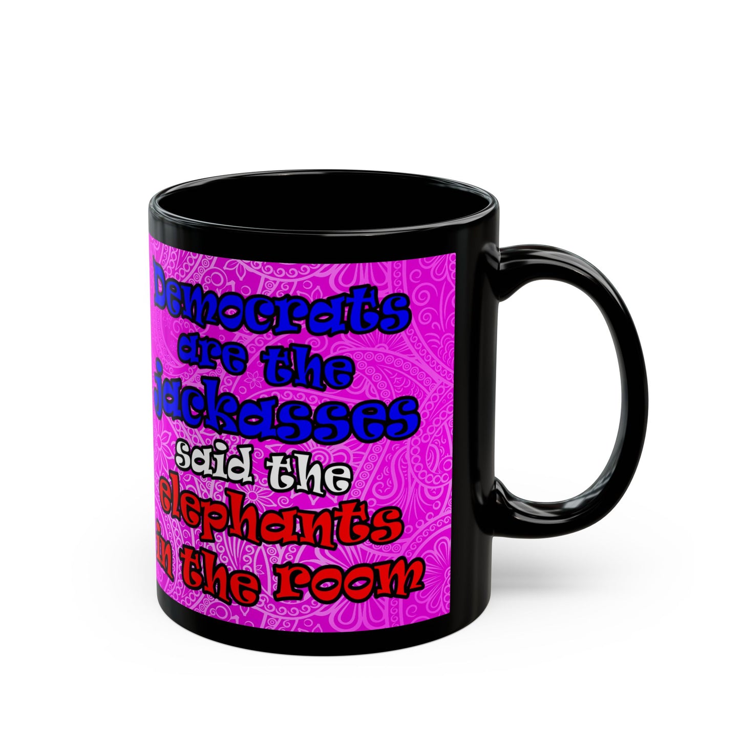 donkeys and elephants - Black Mug (pink swirl)