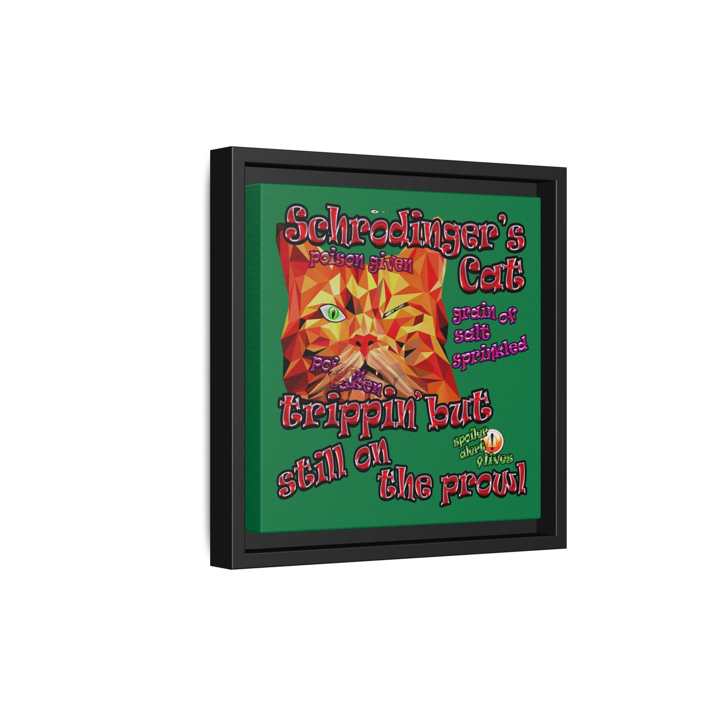 schrodinger's cat - framed canvas art (dark green)
