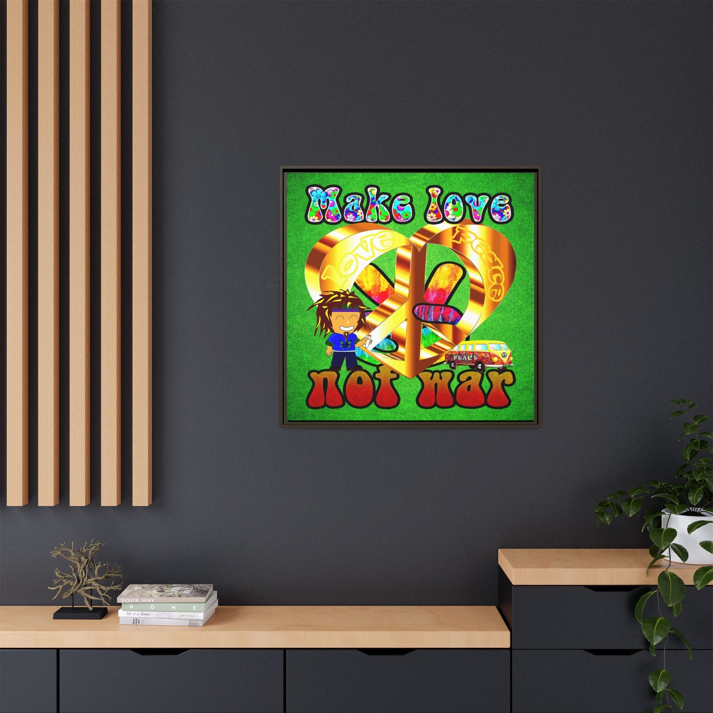 love peace - framed canvas art (green turf)
