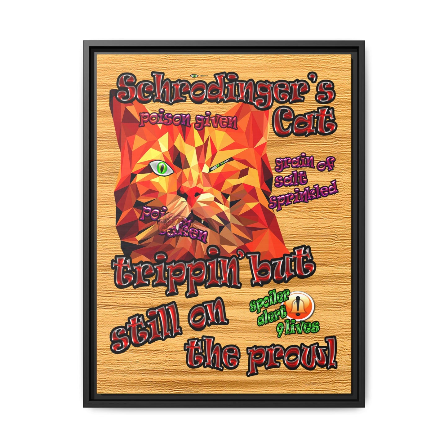 schrodinger's cat - framed canvas art (butterscotch wood finish)