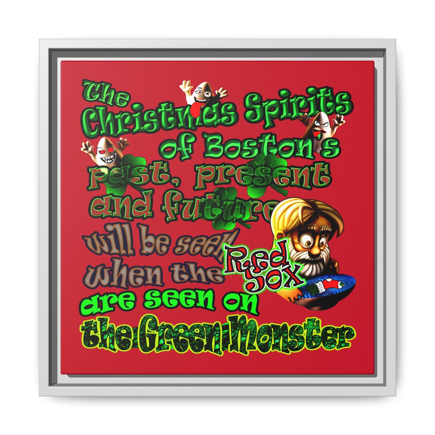 christmas spirits of boston - framed canvas art (dark red)