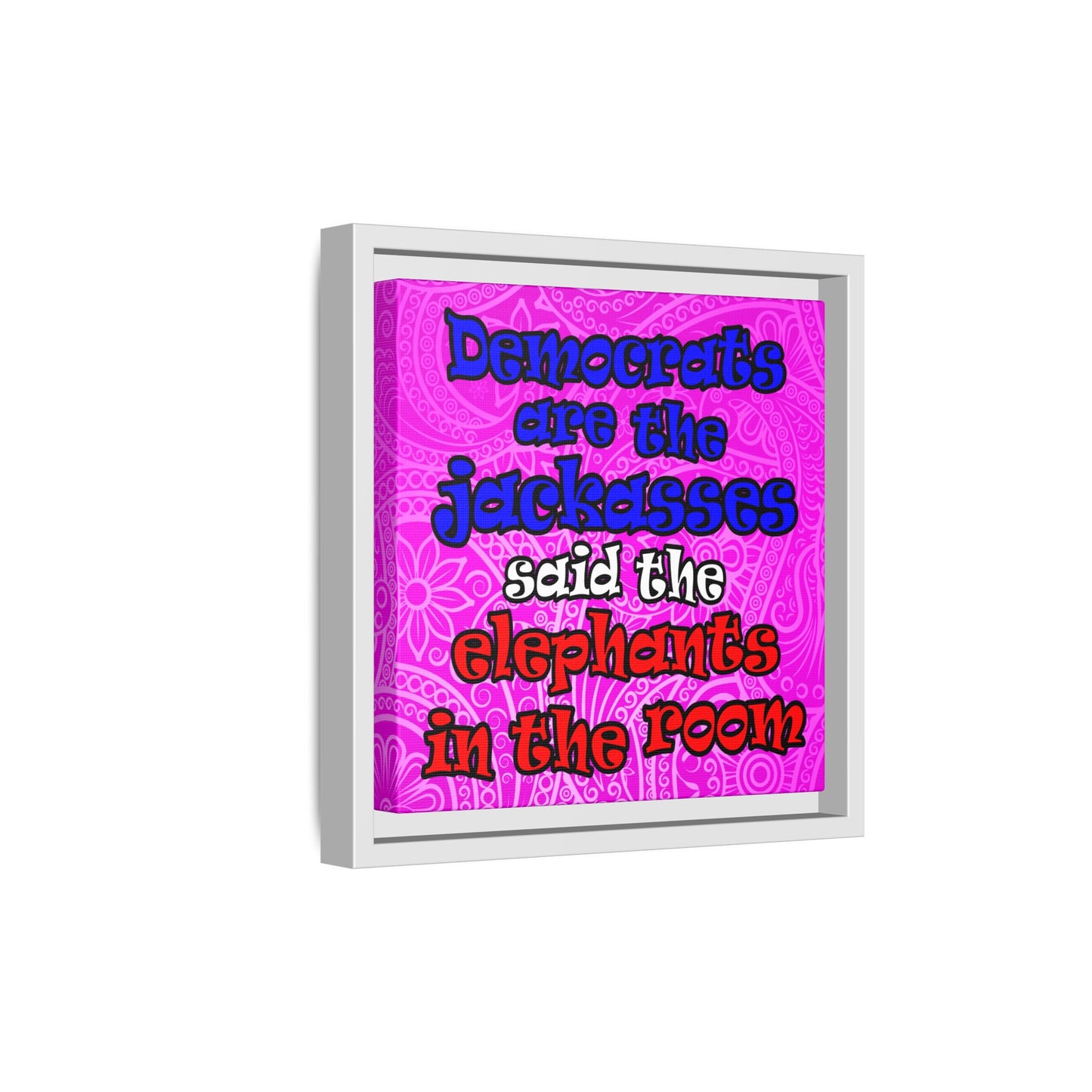 donkeys and elephants - framed canvas art (pink swirl)
