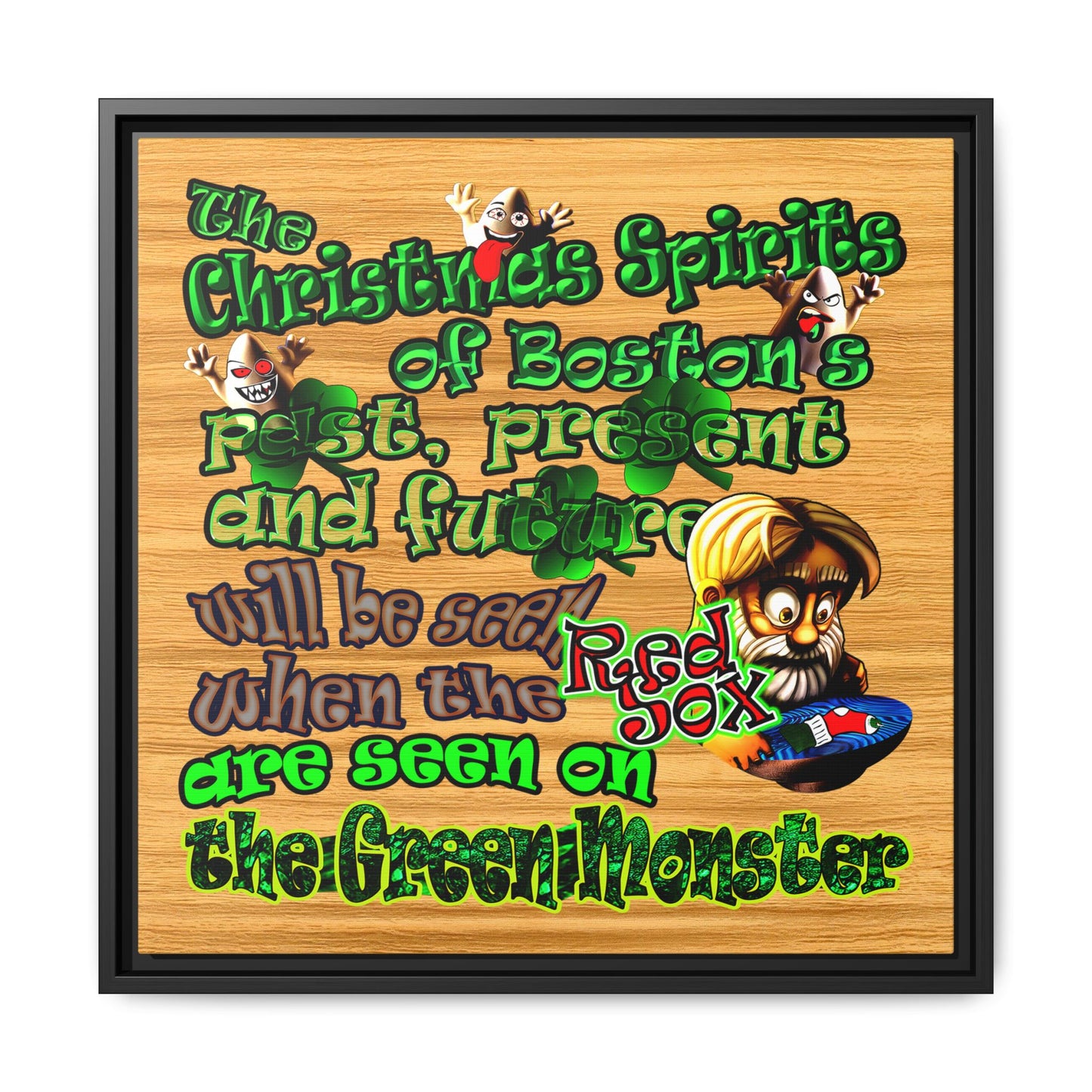 christmas spirits of boston - framed canvas art (butterscotch wood finish)
