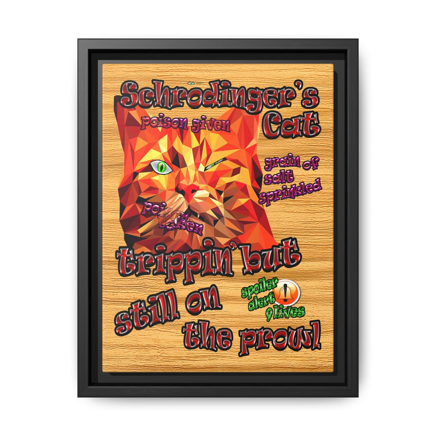schrodinger's cat - framed canvas art (butterscotch wood finish)