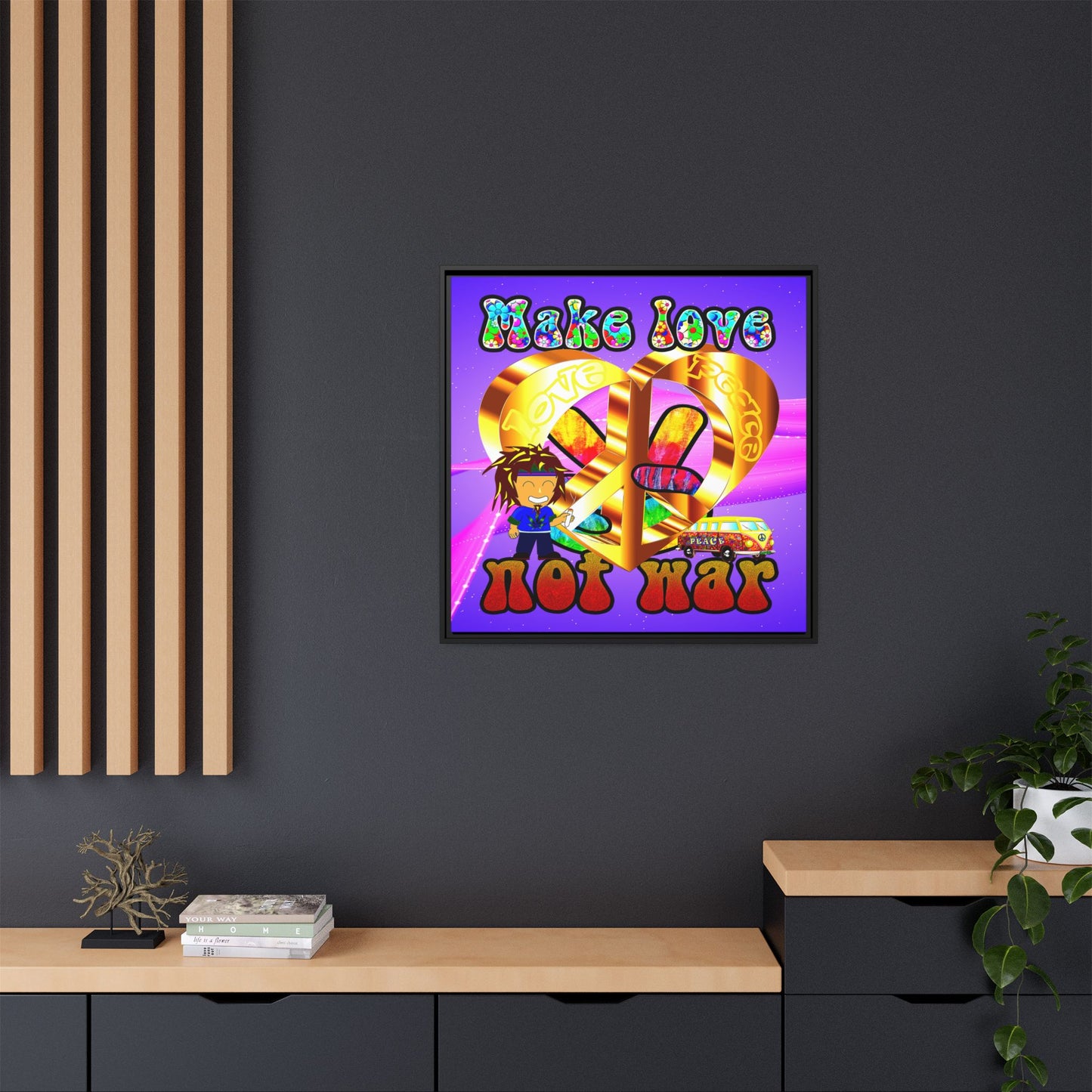 love peace - framed canvas art (purple-pink wave)