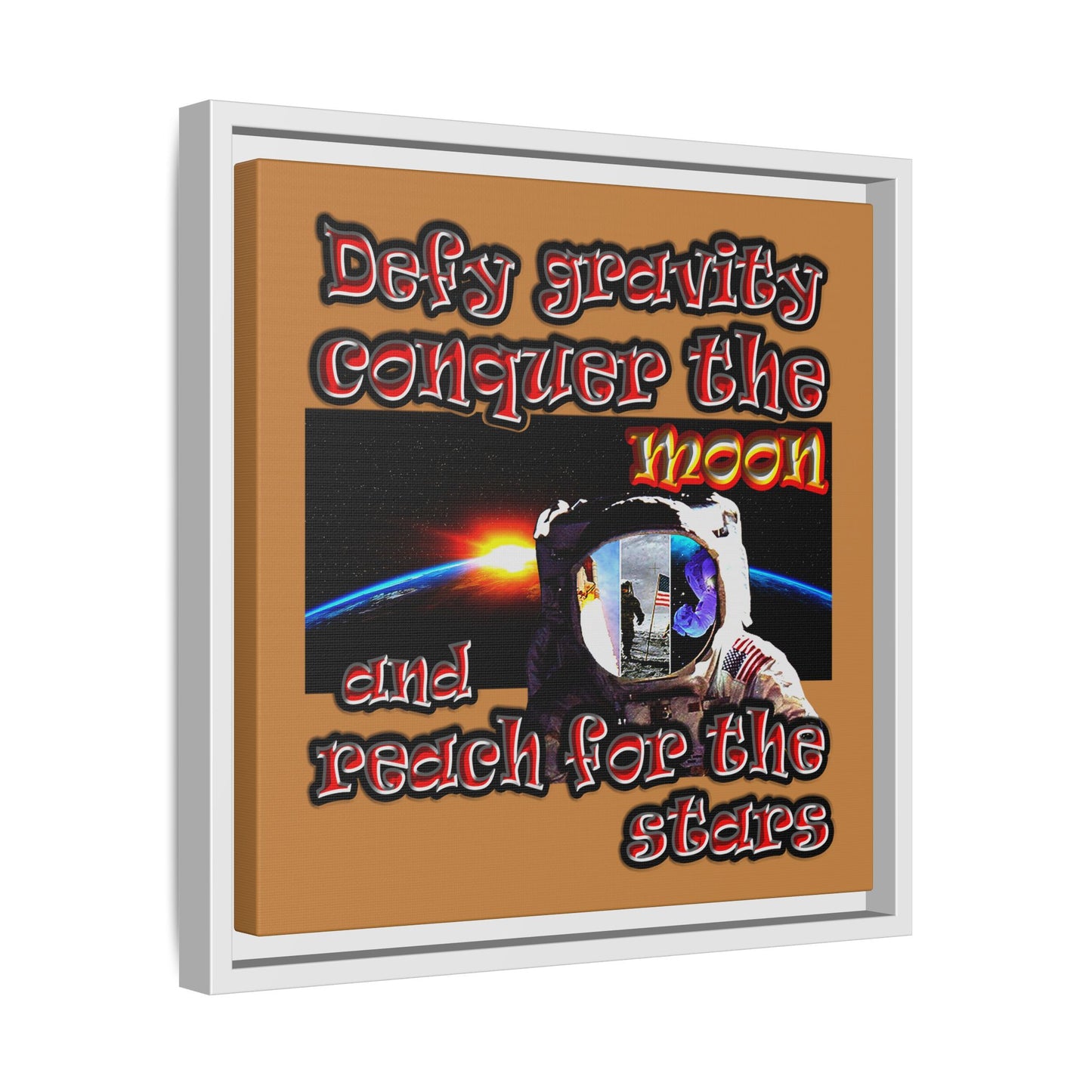 defy conquer reach - framed canvas art (light brown)