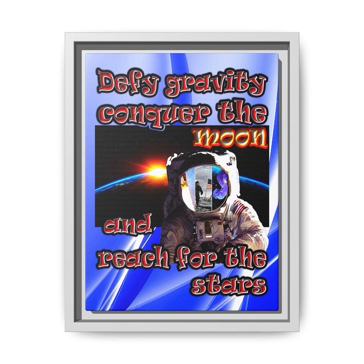 defy conquer reach - framed canvas art (blue-white wave)