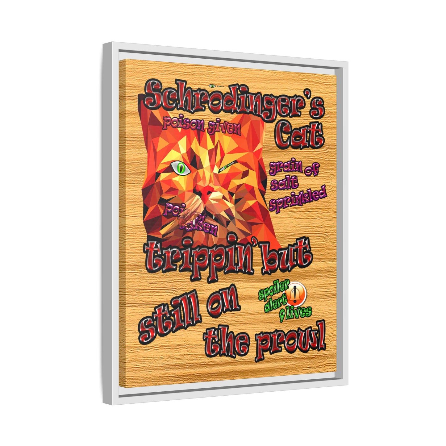 schrodinger's cat - framed canvas art (butterscotch wood finish)