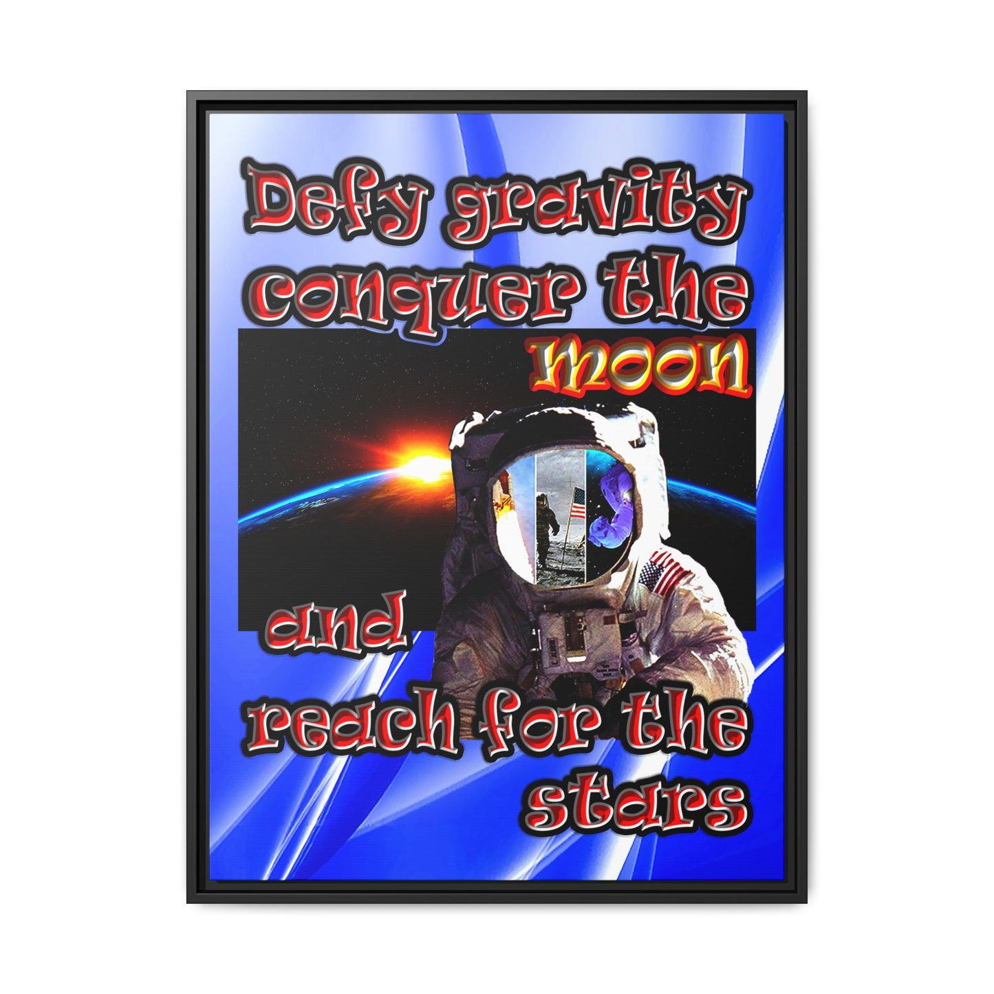 defy conquer reach - framed canvas art (blue-white wave)